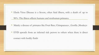 • Ebola Virus Disease is a Severe, often fatal illness, with a death of up to
90%. The illness affects humans and nonhuman primates.
• Mainly a disease of primates like Fruit Bats, Chimpanzees , Gorilla ,Monkeys
• EVD spreads from an infected sick person to others when there is direct
contact with bodily fluids
 
