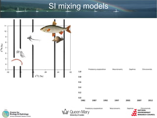 SI mixing models
11
10
9

δ15N (‰)

8
7
6
5
4
3
-32

-30

-28

-26
13

δ C (‰)

-24

-22

1.0

Predatory zooplankton

Macroinverts

Daphnia

Chironomids

0.8
0.6
0.4
0.2
0.0
1982

1987

Predatory zooplankton

1.0
0.8

1992

1997

Macroinverts

2002

Daphnia

2007

2012

Chironomids

 