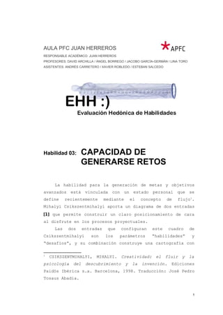 AULA PFC JUAN HERREROS
RESPONSABLE ACADÉMICO: JUAN HERREROS
PROFESORES: DAVID ARCHILLA / ÁNGEL BORREGO / JACOBO GARCÍA-GERMÁN / LINA TORO
ASISTENTES: ANDRÉS CARRETERO / XAVIER ROBLEDO / ESTEBAN SALCEDO




Habilidad 03:      CAPACIDAD DE
                   GENERARSE RETOS

      La habilidad para la generación de metas y objetivos
avanzados está vinculada con un estado personal que se
define      recientemente       mediante       el   concepto      de   flujo 1.
Mihalyi Csikszentmihalyi aporta un diagrama de dos entradas
[1] que permite construir un claro posicionamiento de cara
al disfrute en los procesos proyectuales.
      Las    dos     entradas     que    configuran       este    cuadro        de
Csikszentmihalyi         son     los    parámetros        “habilidades”          y
“desafíos”, y su combinación construye una cartografía con

1
    CSIKSZENTMIHALYI, MIHALYI.           Creatividad: el fluir y la
psicología     del    descubrimiento       y   la   invención.      Ediciones
Paidós Ibérica s.a. Barcelona, 1998. Traducción: José Pedro
Tosaus Abadía.


                                                                                 1
 