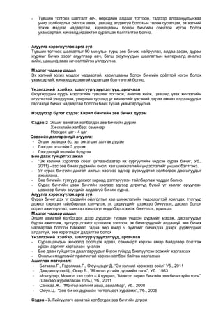-

Түвшин тогтоох шалгалт өгч, өөрсдийн алдааг тогтоон, тэдгээр алдаануудынхаа
учир холбогдлыг ойлгож авах, цаашид алдахгүй болохын төлөө суралцах, эх хэлний
зохих мэдлэг чадвартай, харилцааны болон бичгийн соѐлтой иргэн болох
ухамсартай, хичээлд идэвхтэй суралцах бэлтгэлтэй болно.

Агуулга хэрэгжүүлэх арга зүй
Түвшин тогтоох шалгалтыг 90 минутын турш зөв бичих, найруулах, алдаа засах, дүрэм
журмыг бичих зэрэг агуулгаар авч, багш оюутнуудын шалгалтын материалд анализ
хийж, цаашид заах хичээлтэйгээ уялдуулна.
Мэдлэг чадвар дадал
Эх хэлний зохих мэдлэг чадвартай, харилцааны болон бичгийн соѐлтой иргэн болох
ухамсартай, хичээлд идэвхтэй суралцах бэлтгэлтэй болно.
Үнэлгээний хэлбэр, шалгуур үзүүлэлтүүд, аргачлал
Оюутнуудын суурь мэдлэгийн түвшинг тогтоож, анализ хийж, цаашид үзэх хичээлийн
агуулгатай уялдуулан, улирлын туршид уг хичээлийг үзсэний дараа өмнөх алдаануудыг
гаргахгүй бичих чадвартай болсон байх тухай ухамсарлуулна.
Нэгдүгээр бүлэг сэдэв: Кирил бичгийн зөв бичих дүрэм
Сэдэв-2 Эгшиг авиатай холбогдох зөв бичгийн дүрэм
Хичээлийн хэлбэр: семинар
Ноогдох цаг - 4 цаг
Сэдвийн дэлгэрэнгүй агуулга:
- Эгшиг зохицох ѐс, эр, эм эгшиг залгах дүрэм
- Гээгдэх эгшгийн 3 дүрэм
- Гээгдэхгүй эгшгийн 9 дүрэм
Бие дааж гүйцэтгэх ажил
- “Эх хэлний хэрэглээ соѐл” (Улаанбаатар их сургуулийн үндсэн сурах бичиг, Уб.,
2011) –ээс зөв бичих дүрмийн онол, хэл шинжлэлийн үндэслэлийг уншиж бэлтгэнэ.
- Уг сурах бичгийн дасгал ажлын хэсгээс эдгээр дүрмүүдтэй холбогдох дасгалуудыг
ажиллана.
- Зөв бичгийн тулгуур дохиог хараад дэлгэрүүлэн тайлбарлаж чаддаг болно.
- Сурах бичгийн цээж бичгийн хэсгээс эдгээр дүрмүүд бүхий үг хэллэг оруулсан
цээжээр бичих эхүүдийг алдаагүй бичиж сурна.
Агуулга хэрэгжүүлэх арга зүй
Сурах бичиг дэх уг сэдвийн ойлголтыг хэл шинжлэлийн үндэслэлтэй ярилцах, тулгуур
дохиог сэргээн тайлбарлаж хэлүүлэх, эх сэдвүүдийг цээжээр бичүүлэх, дасгал болон
сорил ажиллуулах, шинээр жишээ үг өгүүлбэр зохиож бичүүлэх, ярилцах
Мэдлэг чадвар дадал
Эгшиг авиатай холбогдох дээр дурдсан гурван үндсэн дүрмийг мэдэж, дасгалуудыг
бүрэн ажиллаж, тулгуур дохиог цээжилж тогтоон, эх бичвэрүүдийг алдаагүй зөв бичих
чадвартай болсон байхаас гадна өөр ямар ч зүйлийг бичихдээ дээрх дүрмүүдийг
алдалгүй, зөв хэрэглэдэг дадалтай болох
Үнэлгээний хэлбэр, шалгуур үзүүлэлтүүд, аргачлал
- Суралцагчдын хичээлд оролцох идэвх, семинарт хэрхэн ямар байдлаар бэлтгэж
ирсэн зэргийг харгалзан үнэлэх
- Бие даан гүйцэтгэх даалгавруудыг бүрэн гүйцэд биелүүлсэн эсэхийг харгалзах
- Онолын мэдлэгийг практиктай хэрхэн холбож байгаа харгалзах
Ашиглах материал:
- Батзаяа.Г., Гэрэлмаа.Г., Оюунцэцэг.Д. “Эх хэлний хэрэглээ соѐл” Уб., 2011
- Дамдинсүрэн.Ц., Осор.Б., “Монгол үсгийн дүрмийн толь”, Уб., 1983
- Монсудар, Монгол хэл соѐл – 4 цуврал, “Монгол кирил бичгийн зөв бичихзүйн толь”
(Шинээр журамласан толь), Уб., 2011
- Санжаа.Ж., “Монгол хэлний авиа, авиалбар”, Уб., 2008
- Оюун.Ц., “Зөв бичих дүрмийн тогтолцоот хураамж”, Уб., 2005
Сэдэв - 3. Гийгүүлэгч авиатай холбогдох зөв бичгийн дүрэм

 