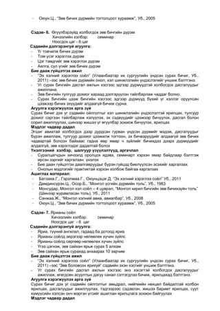 -

Оюун.Ц., “Зөв бичих дүрмийн тогтолцоот хураамж”, Уб., 2005

Сэдэв- 6. Өгүүлбэрзүйд холбогдох зөв бичгийн дүрэм
Хичээлийн хэлбэр:
семинар
Ноогдох цаг - 6 цаг
Сэдвийн дэлгэрэнгүй агуулга:
- Үг товчилж бичих дүрэм
- Том үсэг хэрэглэх дүрэм
- Цэг тэмдгийг зөв хэрэглэх дүрэм
- Аялга, сул үгийг зөв бичих дүрэм
Бие дааж гүйцэтгэх ажил
- “Эх хэлний хэрэглээ соѐл” (Улаанбаатар их сургуулийн үндсэн сурах бичиг, Уб.,
2011) –ээс зөв бичих дүрмийн онол, хэл шинжлэлийн үндэслэлийг уншиж бэлтгэнэ.
- Уг сурах бичгийн дасгал ажлын хэсгээс эдгээр дүрмүүдтэй холбогдох дасгалуудыг
ажиллана.
- Зөв бичгийн тулгуур дохиог хараад дэлгэрүүлэн тайлбарлаж чаддаг болно.
- Сурах бичгийн цээж бичгийн хэсгээс эдгээр дүрмүүд бүхий үг хэллэг оруулсан
цээжээр бичих эхүүдийг алдаагүй бичиж сурна.
Агуулга хэрэгжүүлэх арга зүй
Сурах бичиг дэх уг сэдвийн ойлголтыг хэл шинжлэлийн үндэслэлтэй ярилцах, тулгуур
дохиог сэргээн тайлбарлаж хэлүүлэх, эх сэдвүүдийг цээжээр бичүүлэх, дасгал болон
сорил ажиллуулах, шинээр жишээ үг өгүүлбэр зохиож бичүүлэх, ярилцах
Мэдлэг чадвар дадал
Эгшиг авиатай холбогдох дээр дурдсан гурван үндсэн дүрмийг мэдэж, дасгалуудыг
бүрэн ажиллаж, тулгуур дохиог цээжилж тогтоон, эх бичвэрүүдийг алдаагүй зөв бичих
чадвартай болсон байхаас гадна өөр ямар ч зүйлийг бичихдээ дээрх дүрмүүдийг
алдалгүй, зөв хэрэглэдэг дадалтай болох
Үнэлгээний хэлбэр, шалгуур үзүүлэлтүүд, аргачлал
- Суралцагчдын хичээлд оролцох идэвх, семинарт хэрхэн ямар байдлаар бэлтгэж
ирсэн зэргийг харгалзан үнэлэх
- Бие даан гүйцэтгэх даалгавруудыг бүрэн гүйцэд биелүүлсэн эсэхийг харгалзах
- Онолын мэдлэгийг практиктай хэрхэн холбож байгаа харгалзах
Ашиглах материал:
- Батзаяа.Г., Гэрэлмаа.Г., Оюунцэцэг.Д. “Эх хэлний хэрэглээ соѐл” Уб., 2011
- Дамдинсүрэн.Ц., Осор.Б., “Монгол үсгийн дүрмийн толь”, Уб., 1983
- Монсудар, Монгол хэл соѐл – 4 цуврал, “Монгол кирил бичгийн зөв бичихзүйн толь”
(Шинээр журамласан толь), Уб., 2011
- Санжаа.Ж., “Монгол хэлний авиа, авиалбар”, Уб., 2008
- Оюун.Ц., “Зөв бичих дүрмийн тогтолцоот хураамж”, Уб., 2005
Сэдэв- 7. Ярианы соѐл
Хичээлийн хэлбэр:
семинар
Ноогдох цаг - 6 цаг
Сэдвийн дэлгэрэнгүй агуулга:
- Яриа, түүний ангилал, гадаад ба дотоод яриа
- Ярианы соѐлд эерэгээр нөлөөлөх хүчин зүйлс
- Ярианы соѐлд сөргөөр нөлөөлөх хүчин зүйлс
- Үгээ цэгнэж, зөв сайхан ярьж сурах 5 алхам
- Зөв сайхан ярьж сурахад анхаарах 10 зарчим
Бие дааж гүйцэтгэх ажил
- “Эх хэлний хэрэглээ соѐл” (Улаанбаатар их сургуулийн үндсэн сурах бичиг, Уб.,
2011) –ээс “Зөв боловсон ярихуй” сэдвийн эхэн хэсгийг уншиж бэлтгэнэ.
- Уг сурах бичгийн дасгал ажлын хэсгээс энэ хэсэгтэй холбогдох дасгалуудыг
ажиллаж, өгөгдсөн асуултын дагуу санал сэтгэгдлээ бичиж, ярилцахад бэлтгэнэ.
Агуулга хэрэгжүүлэх арга зүй
Сурах бичиг дэх уг сэдвийн ойлголтыг амьдрал, нийгмийн нөхцөл байдалтай холбон
ярилцах, дасгалуудыг ажиллуулах, тэдгээрээс сэдэвлэн, жишээ баримт ярилцах, суут
хүмүүсийн хэлсэн онч мэргэн үгсийг ашиглан ярилцлага зохион байгуулах
Мэдлэг чадвар дадал

 