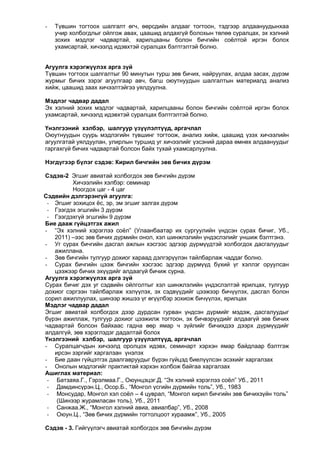 -

Түвшин тогтоох шалгалт өгч, өөрсдийн алдааг тогтоон, тэдгээр алдаануудынхаа
учир холбогдлыг ойлгож авах, цаашид алдахгүй болохын төлөө суралцах, эх хэлний
зохих мэдлэг чадвартай, харилцааны болон бичгийн соѐлтой иргэн болох
ухамсартай, хичээлд идэвхтэй суралцах бэлтгэлтэй болно.

Агуулга хэрэгжүүлэх арга зүй
Түвшин тогтоох шалгалтыг 90 минутын турш зөв бичих, найруулах, алдаа засах, дүрэм
журмыг бичих зэрэг агуулгаар авч, багш оюутнуудын шалгалтын материалд анализ
хийж, цаашид заах хичээлтэйгээ уялдуулна.
Мэдлэг чадвар дадал
Эх хэлний зохих мэдлэг чадвартай, харилцааны болон бичгийн соѐлтой иргэн болох
ухамсартай, хичээлд идэвхтэй суралцах бэлтгэлтэй болно.
Үнэлгээний хэлбэр, шалгуур үзүүлэлтүүд, аргачлал
Оюутнуудын суурь мэдлэгийн түвшинг тогтоож, анализ хийж, цаашид үзэх хичээлийн
агуулгатай уялдуулан, улирлын туршид уг хичээлийг үзсэний дараа өмнөх алдаануудыг
гаргахгүй бичих чадвартай болсон байх тухай ухамсарлуулна.
Нэгдүгээр бүлэг сэдэв: Кирил бичгийн зөв бичих дүрэм
Сэдэв-2 Эгшиг авиатай холбогдох зөв бичгийн дүрэм
Хичээлийн хэлбэр: семинар
Ноогдох цаг - 4 цаг
Сэдвийн дэлгэрэнгүй агуулга:
- Эгшиг зохицох ѐс, эр, эм эгшиг залгах дүрэм
- Гээгдэх эгшгийн 3 дүрэм
- Гээгдэхгүй эгшгийн 9 дүрэм
Бие дааж гүйцэтгэх ажил
- “Эх хэлний хэрэглээ соѐл” (Улаанбаатар их сургуулийн үндсэн сурах бичиг, Уб.,
2011) –ээс зөв бичих дүрмийн онол, хэл шинжлэлийн үндэслэлийг уншиж бэлтгэнэ.
- Уг сурах бичгийн дасгал ажлын хэсгээс эдгээр дүрмүүдтэй холбогдох дасгалуудыг
ажиллана.
- Зөв бичгийн тулгуур дохиог хараад дэлгэрүүлэн тайлбарлаж чаддаг болно.
- Сурах бичгийн цээж бичгийн хэсгээс эдгээр дүрмүүд бүхий үг хэллэг оруулсан
цээжээр бичих эхүүдийг алдаагүй бичиж сурна.
Агуулга хэрэгжүүлэх арга зүй
Сурах бичиг дэх уг сэдвийн ойлголтыг хэл шинжлэлийн үндэслэлтэй ярилцах, тулгуур
дохиог сэргээн тайлбарлаж хэлүүлэх, эх сэдвүүдийг цээжээр бичүүлэх, дасгал болон
сорил ажиллуулах, шинээр жишээ үг өгүүлбэр зохиож бичүүлэх, ярилцах
Мэдлэг чадвар дадал
Эгшиг авиатай холбогдох дээр дурдсан гурван үндсэн дүрмийг мэдэж, дасгалуудыг
бүрэн ажиллаж, тулгуур дохиог цээжилж тогтоон, эх бичвэрүүдийг алдаагүй зөв бичих
чадвартай болсон байхаас гадна өөр ямар ч зүйлийг бичихдээ дээрх дүрмүүдийг
алдалгүй, зөв хэрэглэдэг дадалтай болох
Үнэлгээний хэлбэр, шалгуур үзүүлэлтүүд, аргачлал
- Суралцагчдын хичээлд оролцох идэвх, семинарт хэрхэн ямар байдлаар бэлтгэж
ирсэн зэргийг харгалзан үнэлэх
- Бие даан гүйцэтгэх даалгавруудыг бүрэн гүйцэд биелүүлсэн эсэхийг харгалзах
- Онолын мэдлэгийг практиктай хэрхэн холбож байгаа харгалзах
Ашиглах материал:
- Батзаяа.Г., Гэрэлмаа.Г., Оюунцэцэг.Д. “Эх хэлний хэрэглээ соѐл” Уб., 2011
- Дамдинсүрэн.Ц., Осор.Б., “Монгол үсгийн дүрмийн толь”, Уб., 1983
- Монсудар, Монгол хэл соѐл – 4 цуврал, “Монгол кирил бичгийн зөв бичихзүйн толь”
(Шинээр журамласан толь), Уб., 2011
- Санжаа.Ж., “Монгол хэлний авиа, авиалбар”, Уб., 2008
- Оюун.Ц., “Зөв бичих дүрмийн тогтолцоот хураамж”, Уб., 2005
Сэдэв - 3. Гийгүүлэгч авиатай холбогдох зөв бичгийн дүрэм

 