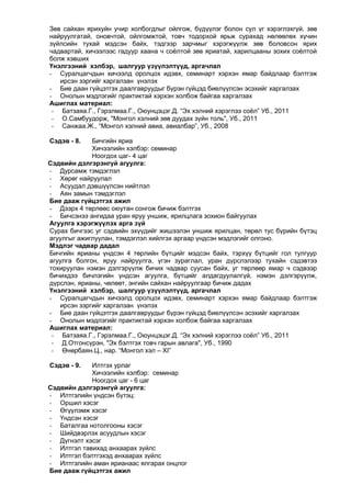Зөв сайхан ярихуйн учир холбогдлыг ойлгож, бүдүүлэг болон сул үг хэрэглэхгүй, зөв
найруулгатай, оновчтой, ойлгомжтой, товч тодорхой ярьж сурахад нөлөөлөх хүчин
зүйлсийн тухай мэдсэн байх, тэдгээр зарчмыг хэрэгжүүлж зөв боловсон ярих
чадвартай, хичээлээс гадуур хаана ч соѐлтой зөв яриатай, харилцааны зохих соѐлтой
болж хэвших
Үнэлгээний хэлбэр, шалгуур үзүүлэлтүүд, аргачлал
- Суралцагчдын хичээлд оролцох идэвх, семинарт хэрхэн ямар байдлаар бэлтгэж
ирсэн зэргийг харгалзан үнэлэх
- Бие даан гүйцэтгэх даалгавруудыг бүрэн гүйцэд биелүүлсэн эсэхийг харгалзах
- Онолын мэдлэгийг практиктай хэрхэн холбож байгаа харгалзах
Ашиглах материал:
- Батзаяа.Г., Гэрэлмаа.Г., Оюунцэцэг.Д. “Эх хэлний хэрэглээ соѐл” Уб., 2011
- О.Самбуудорж, "Монгол хэлний зөв дуудах зүйн толь", Уб., 2011
- Санжаа.Ж., “Монгол хэлний авиа, авиалбар”, Уб., 2008
Сэдэв - 8.

Бичгийн яриа
Хичээлийн хэлбэр: семинар
Ноогдох цаг- 4 цаг
Сэдвийн дэлгэрэнгүй агуулга:
- Дурсамж тэмдэглэл
- Хөрөг найруулал
- Асуудал дэвшүүлсэн нийтлэл
- Аян замын тэмдэглэл
Бие дааж гүйцэтгэх ажил
- Дээрх 4 төрлөөс оюутан сонгож бичиж бэлтгэх
- Бичсэнээ ангидаа уран яруу уншиж, ярилцлага зохион байгуулах
Агуулга хэрэгжүүлэх арга зүй
Сурах бичгээс уг сэдвийн эхүүдийг жишээлэн уншиж ярилцан, төрөл тус бүрийн бүтэц
агуулгыг ажиглуулан, тэмдэглэл хийлгэх аргаар үндсэн мэдлэгийг олгоно.
Мэдлэг чадвар дадал
Бичгийн ярианы үндсэн 4 төрлийн бүтцийг мэдсэн байх, тэрхүү бүтцийг гол тулгуур
агуулга болгон, яруу найруулга, үгэн зураглал, уран дүрслэлээр тухайн сэдэвтээ
тохируулан нэмэн дэлгэрүүлж бичих чадвар суусан байх, уг төрлөөр ямар ч сэдвээр
бичихдээ бичлэгийн үндсэн агуулга, бүтцийг алдагдуулалгүй, нэмэн дэлгэрүүлж,
дүрслэн, ярианы, чөлөөт, энгийн сайхан найруулгаар бичиж дадах
Үнэлгээний хэлбэр, шалгуур үзүүлэлтүүд, аргачлал
- Суралцагчдын хичээлд оролцох идэвх, семинарт хэрхэн ямар байдлаар бэлтгэж
ирсэн зэргийг харгалзан үнэлэх
- Бие даан гүйцэтгэх даалгавруудыг бүрэн гүйцэд биелүүлсэн эсэхийг харгалзах
- Онолын мэдлэгийг практиктай хэрхэн холбож байгаа харгалзах
Ашиглах материал:
- Батзаяа.Г., Гэрэлмаа.Г., Оюунцэцэг.Д. “Эх хэлний хэрэглээ соѐл” Уб., 2011
- Д.Отгонсүрэн, "Эх бэлтгэх товч гарын авлага", Уб., 1990
- Өнөрбаян.Ц., нар. “Монгол хэл – XI”
Сэдэв - 9.

Илтгэх урлаг
Хичээлийн хэлбэр: семинар
Ноогдох цаг - 6 цаг
Сэдвийн дэлгэрэнгүй агуулга:
- Илтгэлийн үндсэн бүтэц:
- Оршил хэсэг
- Өгүүлэмж хэсэг
- Үндсэн хэсэг
- Баталгаа нотолгооны хэсэг
- Шийдвэрлэх асуудлын хэсэг
- Дүгнэлт хэсэг
- Илтгэл тавихад анхаарах зүйлс
- Илтгэл бэлтгэхэд анхаарах зүйлс
- Илтгэлийн аман ярианаас ялгарах онцлог
Бие дааж гүйцэтгэх ажил

 