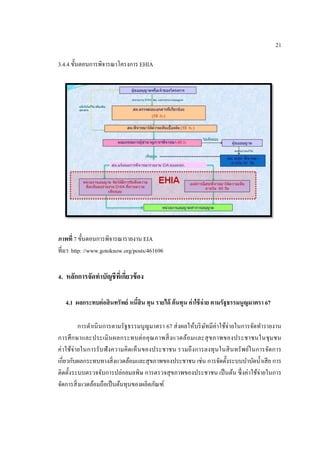 21 
3.4.4 ขั้นตอนการพิจารณาโครงการ EHIA 
ภาพที่ 7 ขั้นตอนการพิจารณารายงาน EIA 
ที่มา: http: //www.gotoknow.org/posts/461696 
4. หลักการจัดทาบัญชีที่เกี่ยวข้อง 
4.1 ผลกระทบต่อสินทรัพย์ หนี้สิน ทุน รายได้ ต้นทุน ค่าใช้จ่าย ตามรัฐธรรมนูญมาตรา 67 
การดาเนินการตามรัฐธรรมนูญมาตรา 67 ส่งผลให้บริษัทมีค่าใช้จ่ายในการจัดทารายงาน การศึกษาและประเมินผลกระทบต่อคุณภาพสิ่งแวดล้อมและสุขภาพของประชาชนในชุมชน ค่าใช้จ่ายในการรับฟังความคิดเห็นของประชาชน รวมถึงการลงทุนในสินทรัพย์ในการจัดการ เกี่ยวกับผลกระทบทางสิ่งแวดล้อมและสุขภาพของประชาชน เช่น การจัดตั้งระบบบาบัดน้าเสีย การ ติดตั้งระบบตรวจจับการปล่อยมลพิษ การตรวจสุขภาพของประชาชน เป็นต้น ซึ่งค่าใช้จ่ายในการ จัดการสิ่งแวดล้อมถือเป็นต้นทุนของผลิตภัณฑ์ 
 