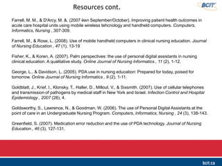 Farrell, M. M., & D'Arcy, M. &. (2007 йил September/October). Improving patient health outcomes in
acute care hospital units using mobile wireless tehcnology and handheld computers. Computers,
Informatics, Nursing , 307-309.
Farrell, M., & Rose, L. (2008). Use of mobile handheld computers in clinical nursing education. Journal
of Nursing Education , 47 (1), 13-19
Fisher, K., & Koren, A. (2007). Palm perspectives: the use of personal digital assistants in nursing
clinical education. A qualitative study. Online Journal of Nursing Informatics , 11 (2), 1-12.
George, L., & Davidson, L. (2005). PDA use in nursing education: Prepared for today, poised for
tomorrow. Online Journal of Nursing Informatics , 9 (2), 1-11.
Goldblatt, J., Krief, I., Klonsky, T., Haller, D., Milloul, V., & Sixsmith. (2007). Use of cellular telephones
and transmission of pathogens by medical staff in New York and Israel. Infection Control and Hospital
Epidemiology , 2007 (28), 4.
Goldsworthy, S., Lawrence, N., & Goodman, W. (2006). The use of Personal Digital Assistants at the
point of care in an Undergraduate Nursing Program. Computers, Informatics, Nursing , 24 (3), 138-143.
Greenfield, S. (2007). Medication error reduction and the use of PDA technology. Journal of Nursing
Education , 46 (3), 127-131.
.
Resources cont.
 