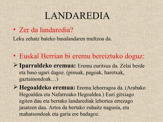 LANDAREDIA Zer da landaredia?  Leku zehatz bateko basalandaren multzoa da. Euskal Herrian bi eremu bereiztuko doguz: Iparraldeko eremua:  Eremu euritsua da. Zelai berde eta baso ugari dagoz. (pinuak, pagoak, haretxak, gaztainondoak…) Hegoaldeko eremua:   Eremu lehorragoa da. (Arabako Hegoaldea eta Nafarroako Hegoaldea.) Euri gitxiago egiten dau eta bertako landarediak lehortea errezago jasatzen dau. Artea da bertako zuhaitz nagusia, eta mahatsondoak eta garia ere badagoz.  