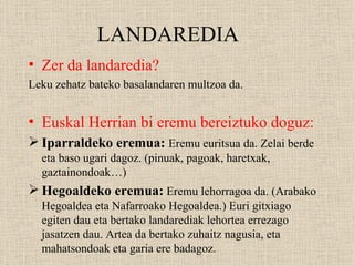 LANDAREDIA <ul><li>Zer da landaredia?  </li></ul><ul><li>Leku zehatz bateko basalandaren multzoa da. </li></ul><ul><li>Eus...