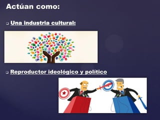Actúan como:
 Una industria cultural:
 Reproductor ideológico y político
 