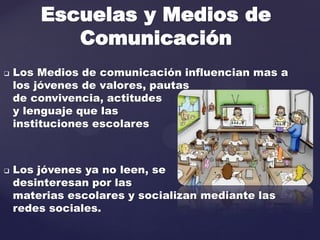 Escuelas y Medios de
Comunicación
 Los Medios de comunicación influencian mas a
los jóvenes de valores, pautas
de convivencia, actitudes
y lenguaje que las
instituciones escolares
 Los jóvenes ya no leen, se
desinteresan por las
materias escolares y socializan mediante las
redes sociales.
 