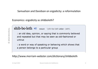 © 
2014 
Dirk 
Ehnts 
Samuelson 
and 
Davidson 
on 
ergodicity: 
a 
reformula>on 
Economics: 
ergodicity 
as 
shibboleth? 
hfp://www.merriam-­‐webster.com/dic>onary/shibboleth 
14. 
April 
2014 
Neuere 
Ansätze 
der 
Geldtheorie 
6 
 
