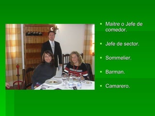 Maitre o Jefe de comedor. Jefe de sector. Sommelier. Barman. Camarero. 