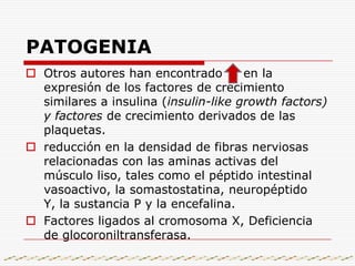 En muestras de las capas musculares se encontrado:     Terminaciones nerviosas,neurofilamentos, marcadores para células de soportenervioso; células intersticiales de Cajal, disminución en la actividad de la sintetasa de óxido nítrico.