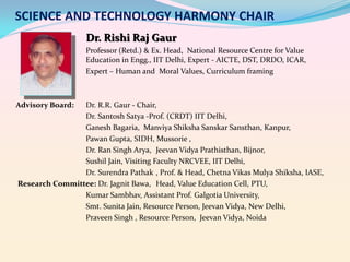 SCIENCE AND TECHNOLOGY HARMONY CHAIR
Dr. Rishi Raj Gaur
Professor (Retd.) & Ex. Head, National Resource Centre for Value
Education in Engg., IIT Delhi, Expert - AICTE, DST, DRDO, ICAR,
Expert – Human and Moral Values, Curriculum framing

Advisory Board:

Dr. R.R. Gaur - Chair,
Dr. Santosh Satya -Prof. (CRDT) IIT Delhi,
Ganesh Bagaria, Manviya Shiksha Sanskar Sansthan, Kanpur,
Pawan Gupta, SIDH, Mussorie ,
Dr. Ran Singh Arya, Jeevan Vidya Prathisthan, Bijnor,
Sushil Jain, Visiting Faculty NRCVEE, IIT Delhi,
Dr. Surendra Pathak , Prof. & Head, Chetna Vikas Mulya Shiksha, IASE,
Research Committee: Dr. Jagnit Bawa, Head, Value Education Cell, PTU,
Kumar Sambhav, Assistant Prof. Galgotia University,
Smt. Sunita Jain, Resource Person, Jeevan Vidya, New Delhi,
Praveen Singh , Resource Person, Jeevan Vidya, Noida

 