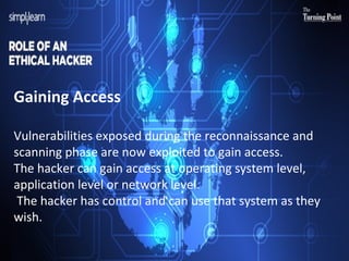 Gaining Access 
Vulnerabilities exposed during the reconnaissance and 
scanning phase are now exploited to gain access. 
The hacker can gain access at operating system level, 
application level or network level. 
The hacker has control and can use that system as they 
wish. 
 