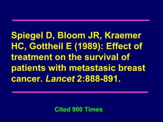 Spiegel D, Bloom JR, Kraemer
HC, Gottheil E (1989): Effect of
treatment on the survival of
patients with metastasic breast
cancer. Lancet 2:888-891.


          Cited 900 Times
 