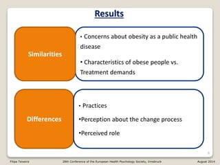 • Concerns about obesity as a public health
disease
• Characteristics of obese people vs.
Treatment demands
8
Results
Similarities
Differences
• Practices
•Perception about the change process
•Perceived role
Filipa Teixeira 28th Conference of the European Health Psychology Society, Innsbruck August 2014
 
