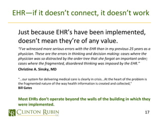 EHR—if it doesn’t connect, it doesn’t work Just because EHR’s have been implemented, doesn’t mean they’re of any value. “ I've witnessed more serious errors with the EHR than in my previous 25 years as a physician. These are the errors in thinking and decision making: cases where the physician was so distracted by the order tree that she forgot an important order; cases where the fragmented, disordered thinking was imposed by the EHR.” Christine A. Sinsky, MD "...our system for delivering medical care is clearly in crisis...At the heart of the problem is the fragmented nature of the way health information is created and collected," Bill Gates Most EHRs don’t operate beyond the walls of the building in which they were implemented. 