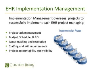 Healthcare Consulting Strengths include: Partners averaging 25+ years of Big 4 consulting experience Functional expertise that includes all aspects of healthcare consulting Healthcare PMO expertise Federal Healthcare sector expertise http://ehrstrategy.wordpress.com/   