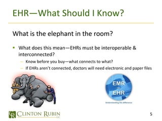 EHR—What Should I Know? What is the elephant in the room? What does this mean—EHRs must be interoperable & interconnected? Know before you buy—what connects to what? If EHRs aren’t connected, doctors will need electronic and paper files 