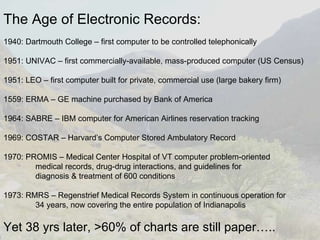 The Age of Electronic Records: 1940: Dartmouth College – first computer to be controlled telephonically 1951: UNIVAC – first commercially-available, mass-produced computer (US Census) 1951: LEO – first computer built for private, commercial use (large bakery firm) 1559: ERMA – GE machine purchased by Bank of America 1964: SABRE – IBM computer for American Airlines reservation tracking 1969: COSTAR – Harvard’s Computer Stored Ambulatory Record 1970: PROMIS – Medical Center Hospital of VT computer problem-oriented  medical records, drug-drug interactions, and guidelines for  diagnosis & treatment of 600 conditions 1973: RMRS – Regenstrief Medical Records System in continuous operation for  34 years, now covering the entire population of Indianapolis Yet 38 yrs later, >60% of charts are still paper….. 
