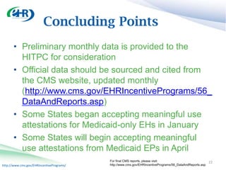 Concluding Points
       • Preliminary monthly data is provided to the
         HITPC for consideration
       • Official data should be sourced and cited from
         the CMS website, updated monthly
         (http://www.cms.gov/EHRIncentivePrograms/56_
         DataAndReports.asp)
       • Some States began accepting meaningful use
         attestations for Medicaid-only EHs in January
       • Some States will begin accepting meaningful
         use attestations from Medicaid EPs in April
                                           For final CMS reports, please visit:                            22
http://www.cms.gov/EHRIncentivePrograms/   http://www.cms.gov/EHRIncentivePrograms/56_DataAndReports.asp
 