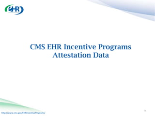 CMS EHR Incentive Programs
                               Attestation Data




                                                       9
http://www.cms.gov/EHRIncentivePrograms/
 