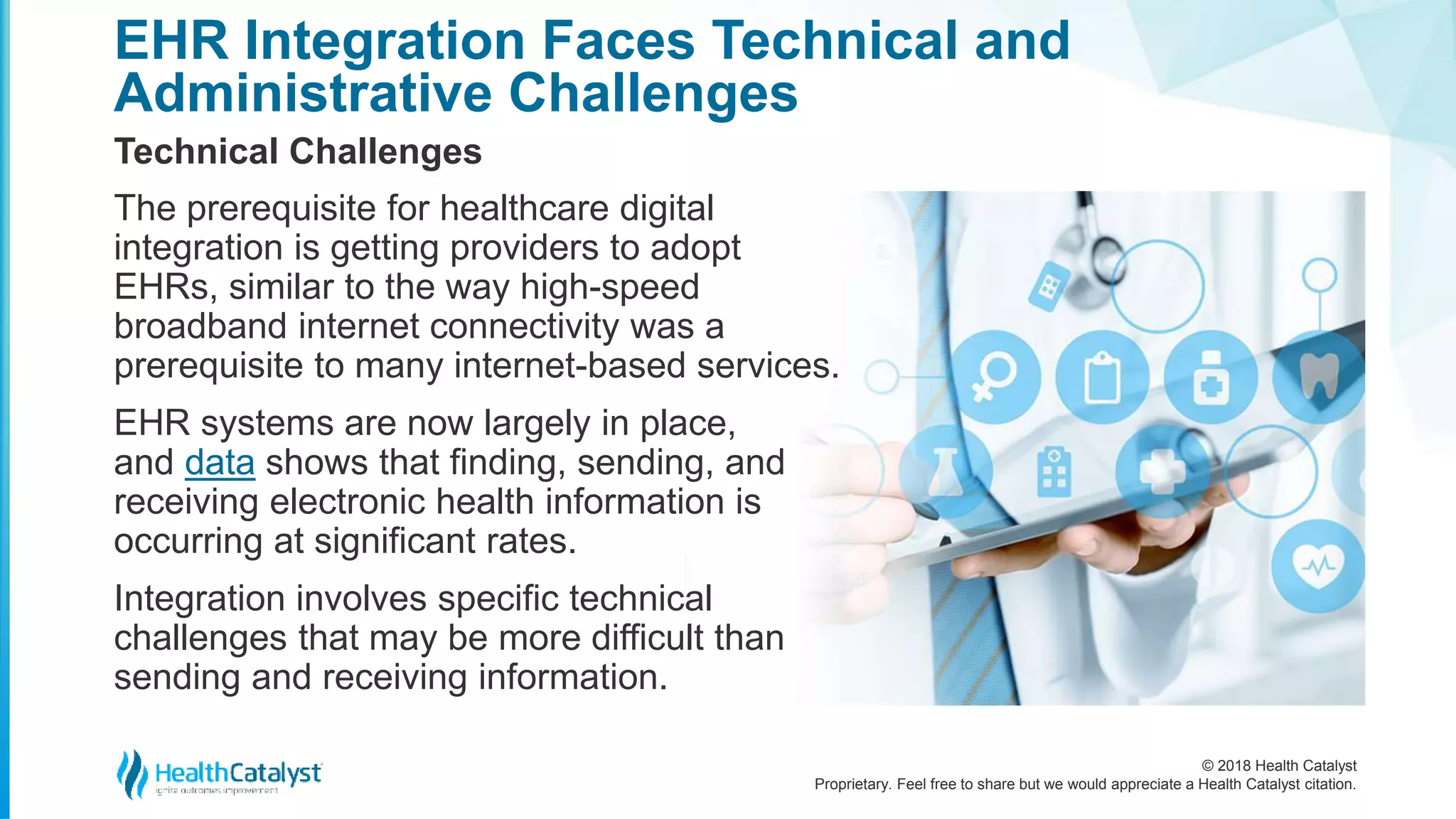 © 2018 Health Catalyst
Proprietary. Feel free to share but we would appreciate a Health Catalyst citation.
EHR Integration Faces Technical and
Administrative Challenges
Technical Challenges
The prerequisite for healthcare digital
integration is getting providers to adopt
EHRs, similar to the way high-speed
broadband internet connectivity was a
prerequisite to many internet-based services.
EHR systems are now largely in place,
and data shows that finding, sending, and
receiving electronic health information is
occurring at significant rates.
Integration involves specific technical
challenges that may be more difficult than
sending and receiving information.
 