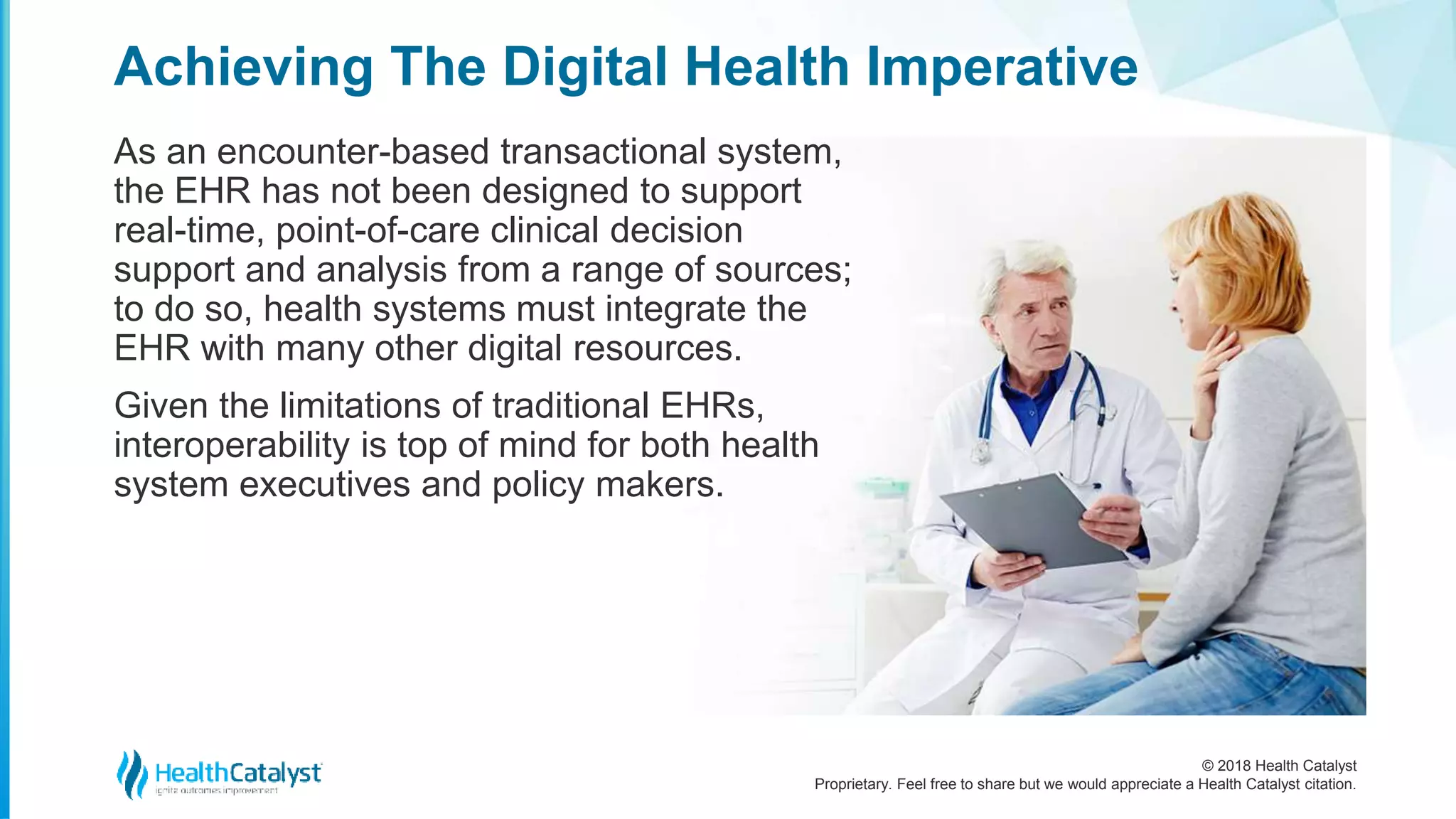 © 2018 Health Catalyst
Proprietary. Feel free to share but we would appreciate a Health Catalyst citation.
Achieving The Digital Health Imperative
As an encounter-based transactional system,
the EHR has not been designed to support
real-time, point-of-care clinical decision
support and analysis from a range of sources;
to do so, health systems must integrate the
EHR with many other digital resources.
Given the limitations of traditional EHRs,
interoperability is top of mind for both health
system executives and policy makers.
 
