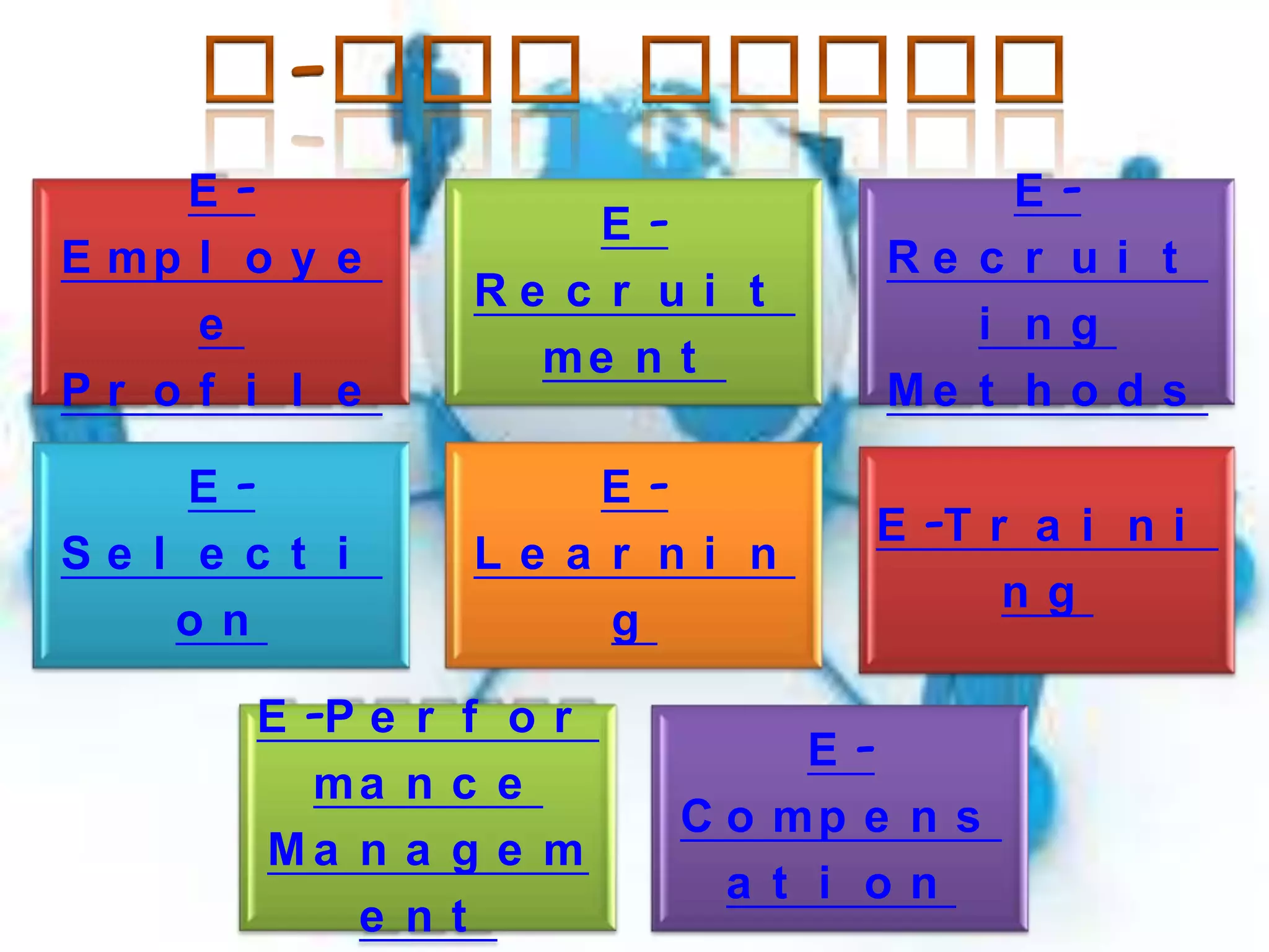 EE mp l o y e
e
Pr of i l e

ERe c r u i t
me n t

ERe c r u i t
i ng
Me t h o d s

ESe l e c t i
on

ELe a r ni n
g

E -T r a i n i
ng

E -P e r
ma n
Ma n a
e n

f or
c e
ge m
t

EC o mp e n s
a t i on

 