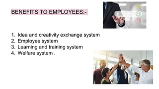 BENEFITS TO EMPLOYEES:-
1. Idea and creativity exchange system
2. Employee system
3. Learning and training system
4. Welfare system .
 