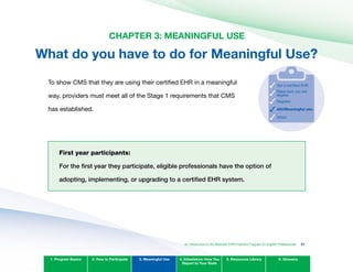 CHAPTER 3: MEANINGFUL USE

What do you have to do for Meaningful Use?

To show CMS that they are using their certified EHR in a meaningful
way, providers must meet all of the Stage 1 requirements that CMS
has established.
First year participants:
For the first year they participate, eligible professionals have the option of
adopting, implementing, or upgrading to a certified EHR system.
1. Program Basics 2. How to Participate 3. Meaningful Use 4. Attestation: How You
Report to Your State
5. Resources Library 6. Glossary
An Introduction to the Medicaid EHR Incentive Program for Eligible Professionals 31
Make sure you are
eligible.
Register.
Get a certified EHR.
AIU/Meaningful use.
Attest.
 