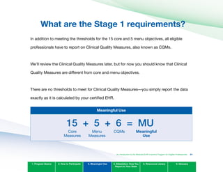 What are the Stage 1 requirements?
In addition to meeting the thresholds for the 15 core and 5 menu objectives, all eligible
professionals have to report on Clinical Quality Measures, also known as CQMs.
We’ll review the Clinical Quality Measures later, but for now you should know that Clinical
Quality Measures are different from core and menu objectives.
There are no thresholds to meet for Clinical Quality Measures—you simply report the data
exactly as it is calculated by your certified EHR.
Meaningful Use
15 + 5 + 6 = Mu
Core
Measures
Menu
Measures
CQMs Meaningful
Use
1. Program Basics 2. How to Participate 3. Meaningful Use 4. Attestation: How You
Report to Your State
5. Resources Library 6. Glossary
An Introduction to the Medicaid EHR Incentive Program for Eligible Professionals 41
 