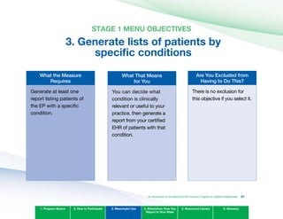 STAGE 1 MENU OBJECTIvES
3. Generate lists of patients by 

specific conditions

What the Measure
Requires
Generate at least one
report listing patients of
the EP with a specific
condition.
What That Means
for you
You can decide what
condition is clinically
relevant or useful to your
practice, then generate a
report from your certified
EHR of patients with that
condition.
Are you Excluded from
Having to Do This?
There is no exclusion for
this objective if you select it.
1. Program Basics 2. How to Participate 3. Meaningful Use 4. Attestation: How You
Report to Your State
5. Resources Library 6. Glossary
An Introduction to the Medicaid EHR Incentive Program for Eligible Professionals 67
 
