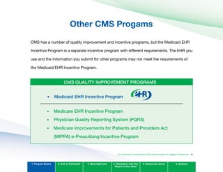 An Introduction to the Medicaid EHR Incentive Program for Eligible Professionals
Other CMS Progams

CMS has a number of quality improvement and incentive programs, but the Medicaid EHR
Incentive Program is a separate incentive program with different requirements. The EHR you
use and the information you submit for other programs may not meet the requirements of
the Medicaid EHR Incentive Program.
•	
•	
•	
•	
CMS quAlITy IMPRovEMEnT PRogRAMS
Medicaid EHR Incentive Program
Medicare EHR Incentive Program
Physician quality Reporting System (PqRS)
Medicare Improvements for Patients and Providers Act
(MIPPA) e-Prescribing Incentive Program
1. Program Basics 2. How to Participate 3. Meaningful Use 4. Attestation: How You
Report to Your State
5. Resources Library 6. Glossary
6
 