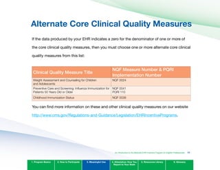 Alternate Core Clinical Quality Measures

If the data produced by your EHR indicates a zero for the denominator of one or more of
the core clinical quality measures, then you must choose one or more alternate core clinical
quality measures from this list:
Clinical quality Measure Title
nqF Measure number & PqRI
Implementation number
Weight Assessment and Counseling for Children
and Adolescents
NQF 0024
Preventive Care and Screening: Influenza Immunization for
Patients 50 Years Old or Older
NQF 0041
PQRI 110
Childhood Immunization Status NQF 0038
You can find more information on these and other clinical quality measures on our website
http://www.cms.gov/Regulations-and-Guidance/Legislation/EHRIncentivePrograms.
1. Program Basics 2. How to Participate 3. Meaningful Use 4. Attestation: How You
Report to Your State
5. Resources Library 6. Glossary
An Introduction to the Medicaid EHR Incentive Program for Eligible Professionals 77
 