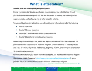 What is attestation?

Second year and subsequent year participants:
During your second and subsequent years of participation, you will still attest through
your state’s internet-based portal but you will only attest to meeting the meaningful use
requirements (as well as having met all other eligibility criteria).
To successfully attest during this time, you will need to enter information on all of the following:
15 core objectives
5 out of 10 menu objectives
3 core (or 3 alternate core) clinical quality measures
3 out of 38 additional clinical quality measures
For more information on your state’s internet-based portal, see the State EHR Incentive Program
Milestones and Web Resources [https://www.cms.gov/apps/files/statecontacts.pdf], which
provides individual websites for each state’s Medicaid EHR Incentive Program.
1. Program Basics 2. How to Participate 3. Meaningful Use 4. Attestation: How You
Report to Your State
5. Resources Library 6. Glossary
•	
•	
•	
•	
An Introduction to the Medicaid EHR Incentive Program for Eligible Professionals 85
Under Stage 2 of meaningful use, which will begin no earlier than 2014 for the earliest EP
participants in the Medicaid EHR Incentive Program, EPs will attest to 17 core objectives,
and 3 out of 6 menu objectives. Additionally, beginning in 2014, EPs will report on a total of
12 clinical quality measures.
 