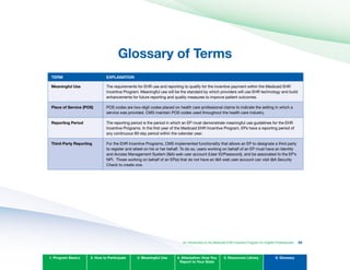 Glossary of Terms

TERM EXPLANATION
Meaningful Use The requirements for EHR use and reporting to qualify for the incentive payment within the Medicaid EHR
Incentive Program. Meaningful use will be the standard by which providers will use EHR technology and build
enhancements for future reporting and quality measures to improve patient outcomes.
Place of Service (POS) POS codes are two-digit codes placed on health care professional claims to indicate the setting in which a
service was provided. CMS maintain POS codes used throughout the health care industry.
Reporting Period The reporting period is the period in which an EP must demonstrate meaningful use guidelines for the EHR
Incentive Programs. In the first year of the Medicaid EHR Incentive Program, EPs have a reporting period of
any continuous 90-day period within the calendar year.
Third-Party Reporting For the EHR Incentive Programs, CMS implemented functionality that allows an EP to designate a third party
to register and attest on his or her behalf. To do so, users working on behalf of an EP must have an Identity
and Access Management System (I&A) web user account (User ID/Password), and be associated to the EP’s
NPI. Those working on behalf of an EP(s) that do not have an I&A web user account can visit I&A Security
Check to create one.
1. Program Basics 2. How to Participate 3. Meaningful Use 4. Attestation: How You
Report to Your State
5. Resources Library 6. Glossary
An Introduction to the Medicaid EHR Incentive Program for Eligible Professionals 92
 