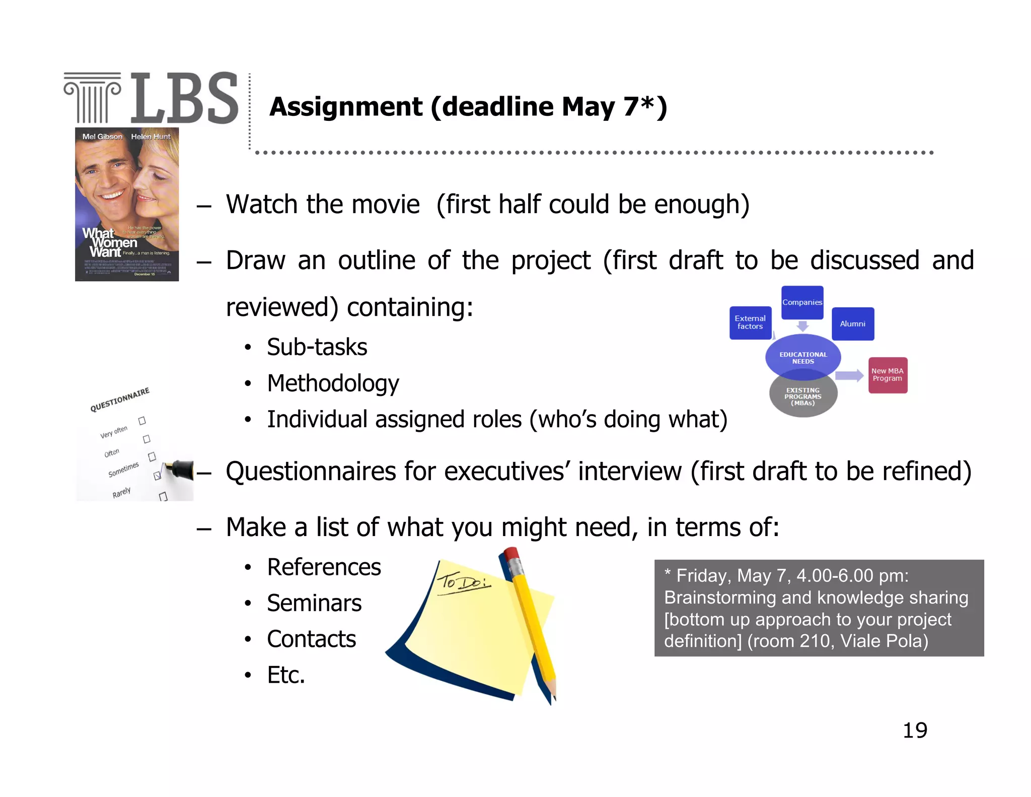 Assignment (deadline May 7*)

– Watch the movie (first half could be enough)
– Draw an outline of the project (first draft to be discussed and
reviewed) containing:
• Sub-tasks
• Methodology
• Individual assigned roles (who’s doing what)

– Questionnaires for executives’ interview (first draft to be refined)
– Make a list of what you might need, in terms of:
• References
• Seminars
• Contacts

* Friday, May 7, 4.00-6.00 pm:
Brainstorming and knowledge sharing
[bottom up approach to your project
definition] (room 210, Viale Pola)

• Etc.
19

 