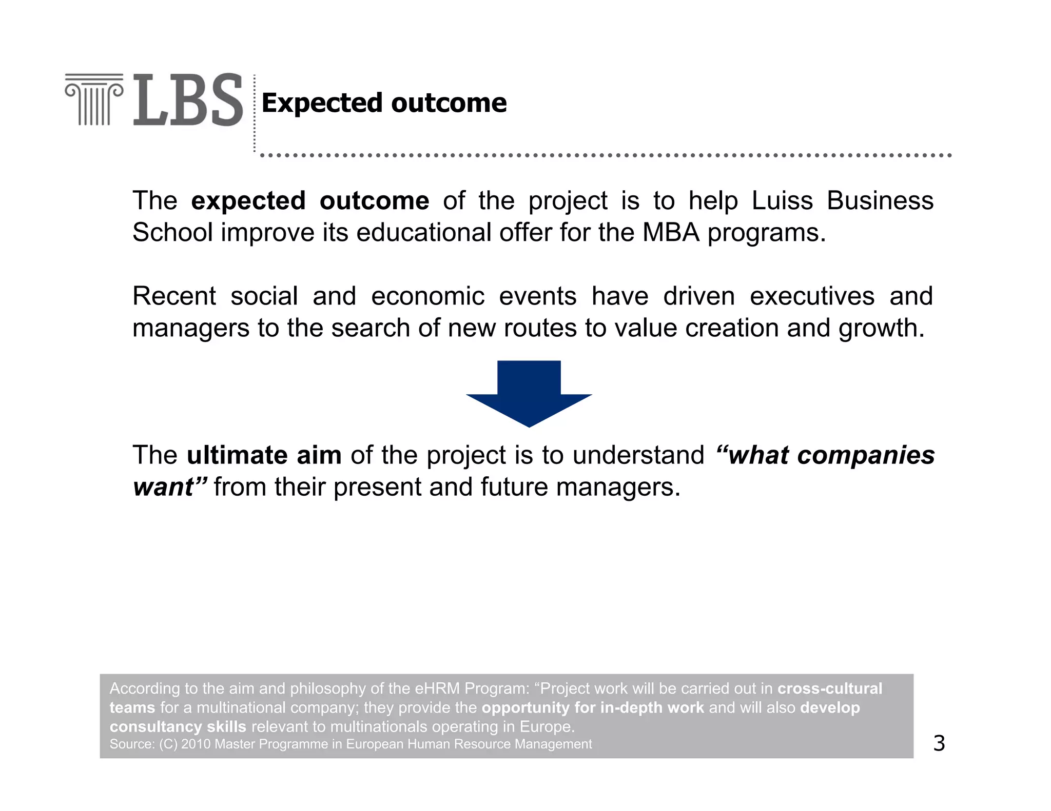 Expected outcome

The expected outcome of the project is to help Luiss Business
School improve its educational offer for the MBA programs.
Recent social and economic events have driven executives and
managers to the search of new routes to value creation and growth.

The ultimate aim of the project is to understand “what companies
want” from their present and future managers.

According to the aim and philosophy of the eHRM Program: “Project work will be carried out in cross-cultural
teams for a multinational company; they provide the opportunity for in-depth work and will also develop
consultancy skills relevant to multinationals operating in Europe.
Source: (C) 2010 Master Programme in European Human Resource Management

3

 