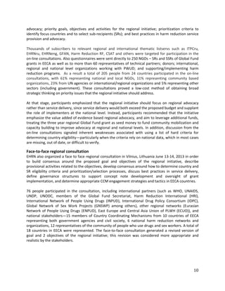 10
advocacy; priority goals, objectives and activities for the regional initiative; prioritization criteria to
identify focus countries and to select sub-recipients (SRs); and best practices in harm reduction service
provision and advocacy.
Thousands of subscribers to relevant regional and international thematic listservs such as ITPCru,
EHRNru, EHRNeng, GFAN, Harm Reduction RF, CSAT and others were targeted for participation in the
on-line consultations. Also questionnaires were sent directly to 250 NGOs – SRs and SSRs of Global Fund
grants in EECA as well as to more than 60 representatives of technical partners; donors; international,
regional and national level organizations working with PWUD; and supporting/implementing harm
reduction programs. As a result a total of 205 people from 24 countries participated in the on-line
consultations, with 61% representing national and local NGOs, 11% representing community based
organizations, 23% from UN agencies or international/regional organizations and 5% representing other
sectors (including government). These consultations proved a low-cost method of obtaining broad
strategic thinking on priority issues that the regional initiative should address.
At that stage, participants emphasized that the regional initiative should focus on regional advocacy
rather than service delivery, since service delivery would both exceed the proposed budget and supplant
the role of implementers at the national level. Instead, participants recommended that the initiative
emphasize the value added of evidence based regional advocacy, and aim to leverage additional funds,
treating the three year regional Global Fund grant as seed money to fund community mobilization and
capacity building to improve advocacy at regional and national levels. In addition, discussion from the
on-line consultations signaled inherent weaknesses associated with using a list of hard criteria for
determining country eligibility—particularly when the criteria rely on national data, which in most cases
are missing, out of date, or difficult to verify.
Face-to-face regional consultation
EHRN also organized a face to face regional consultation in Vilnius, Lithuania June 13-14, 2013 in order
to build consensus around the proposed goal and objectives of the regional initiative, describe
provisional activities related to the objectives, develop consensus around how to determine country and
SR eligibility criteria and prioritization/selection processes, discuss best practices in service delivery,
define governance structures to support concept note development and oversight of grant
implementation, and determine appropriate CCM engagement strategies and tactics in EECA countries.
76 people participated in the consultation, including international partners (such as WHO, UNAIDS,
UNDP, UNODC, members of the Global Fund Secretariat, Harm Reduction International (HRI),
International Network of People Using Drugs (INPUD), International Drug Policy Consortium (IDPC),
Global Network of Sex Work Projects (GNSWP) among others), other regional networks (Eurasian
Network of People Using Drugs (ENPUD), East Europe and Central Asia Union of PLWH (ECUO)), and
national stakeholders—15 members of Country Coordinating Mechanisms from 10 countries of EECA
representing both government agencies and civil society, 6 national harm reduction networks and
organizations, 12 representatives of the community of people who use drugs and sex workers. A total of
18 countries in EECA were represented. The face-to-face consultation generated a revised version of
goal and 2 objectives of the regional initiative; this revision was considered more appropriate and
realistic by the stakeholders.