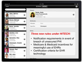 Seeler, Katie
    Acute Presentationitis
    4/14/86 Female
    Hospitalization: 1 day




               Clonazepam




Three new rules under HITECH:
• Notification requirements in event of
  breach of unsecured PHI
• Medicare & Medicaid incentives for
  meaningful use of EHRs
• Certification criteria for EHR
  technology
 