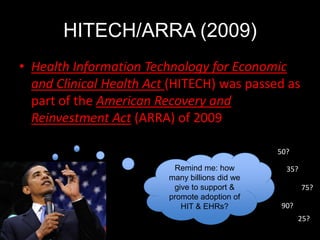 HITECH/ARRA (2009)
• Health Information Technology for Economic
  and Clinical Health Act (HITECH) was passed as
  part of the American Recovery and
  Reinvestment Act (ARRA) of 2009

                                                50?

                          Remind me: how          35?
                         many billions did we
                          give to support &             75?
                         promote adoption of
                            HIT & EHRs?          90?
                                                       25?
 