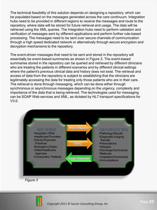 The technical feasibility of this solution depends on designing a repository, which can
be populated based on the messages generated across the care continuum. Integration
hubs need to be provided in different regions to receive the messages and route to the
repository, where data will be stored for future retrieval and usage. The data will be
retrieved using the XML queries. The Integration hubs need to perform validation and
verification of messages sent by different applications and perform further rule-based
processing. The messages need to be sent over secure channels of communication
through a high speed dedicated network or alternatively through secure encryption and
decryption mechanisms to the repository.

The event-driven messages that need to be sent and stored in the repository will
essentially be event-based summaries as shown in Figure 3. The event-based
summaries stored in the repository can be queried and retrieved by different clinicians
who are treating the patients in different scenarios and by different clinical settings
where the patient's previous clinical data and history does not exist. The retrieval and
access of data from the repository is subject to establishing that the clinicians are
legitimately accessing the data for treating only those patients who are in their care.
The retrieval is done through messaging, which can be done either through
synchronous or asynchronous messages depending on the urgency, complexity and
importance of the data that is being retrieved. The technologies used for messaging
can be SOAP Web services and XML, as dictated by HL7 transport specifications for
V3.0.




         Figure 3




                                 Here comes your footer                               Page 23
                        Copyright 2011 © Succor Consulting Group, Inc
 