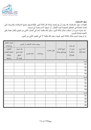 Page133of177
‫االنسكابات‬ ‫سجل‬
‫ـهر‬‫ش‬‫أ‬ ‫ـة‬‫ث‬‫ثال‬ ‫ـل‬‫ك‬ ‫بياناتا‬ ‫تحديث‬ ‫يتم‬ ‫أن‬ ‫يجب‬ ‫هذا‬ ‫االنسكابات‬ ‫سجل‬ :‫تعليمات‬(Q)‫ـكاب‬‫س‬‫االن‬ ‫ـع‬‫ي‬‫جم‬ ‫ـجيل‬‫س‬‫لت‬‫ـي‬‫ت‬‫ال‬ ‫بات‬‫ر‬‫ـ‬‫س‬‫الت‬‫و‬ ‫ات‬
‫ب‬ ‫تحدث‬‫المنشأة‬‫المناطق‬ ‫في‬.‫بات‬‫ر‬‫تس‬ ‫أي‬ ‫يحدث‬ ‫لم‬ ‫أنا‬ ‫تسجيل‬ ‫أو‬ ،‫األمطار‬ ‫لمياه‬ ‫المعرضة‬
‫ـاقي‬‫ب‬ ‫ـة‬‫ئ‬‫تعب‬ ‫ـل‬‫م‬‫أك‬‫و‬ ‫ـين‬‫م‬‫الي‬ ‫ـن‬‫م‬ ‫ـاني‬‫ث‬‫ال‬ ‫ـامود‬‫ع‬‫ال‬ ‫ـي‬‫ف‬ "‫ـم‬‫ع‬‫"ن‬ ‫ـة‬‫ب‬‫بكتا‬ ‫ـك‬‫ل‬‫ذ‬ ‫ـجل‬‫س‬ ،‫ـهر‬‫ش‬‫أ‬ ‫ـة‬‫ث‬‫ثال‬ ‫ـالل‬‫خ‬ ‫ـكاب‬‫س‬‫ان‬ ‫أو‬ ‫ـرب‬‫س‬‫ت‬ ‫حدوث‬ ‫عند‬
.‫التسرب‬ ‫لحادثة‬ ‫األعمدة‬
‫الثالثة‬ ‫خالل‬ ‫تسرب‬ ‫يحدث‬ ‫لم‬ ‫لو‬.‫اليمين‬ ‫من‬ ‫الثاني‬ ‫العامود‬ ‫في‬ "‫"ال‬ ‫بكتابة‬ ‫ذلك‬ ‫سجل‬ ‫فبرجاء‬ ‫أشهر‬
‫بع‬‫ر‬‫و‬ ‫السنة‬
‫السنة‬(Q)
‫حدث‬ ‫هل‬
‫أو‬ ‫تسرب‬
‫انسكاب؟‬
)‫(نعم/ال‬
‫الحادث‬ ‫ي‬‫ر‬‫تا‬
)‫(يوم/شهر/سنة‬
‫الحادث‬ ‫مكان‬
‫التسرب‬ ‫أو‬ ‫االنسكاب‬ ‫حادث‬ ‫وصف‬
‫التعامل‬ ‫وصف‬
‫الحادث‬ ‫مع‬
‫المادة‬ ‫ع‬‫نو‬‫التسرب‬ ‫كمية‬
‫بت‬‫ر‬‫تس‬ ‫هل‬
‫ج‬‫خار‬ ‫المادة‬
‫ال‬‫موقع‬
)‫ال‬ /‫(نعم‬
‫ات‬‫و‬‫الخط‬
‫للتعامل‬ ‫المتخذة‬
‫الوقاية‬‫و‬
‫يخها‬‫ر‬‫وتا‬
‫السنة‬
Q1
Q2
Q3
Q4
‫السنة‬
Q1
Q2
Q3
Q4
‫السنة‬
Q1
Q2
Q3
Q4
 