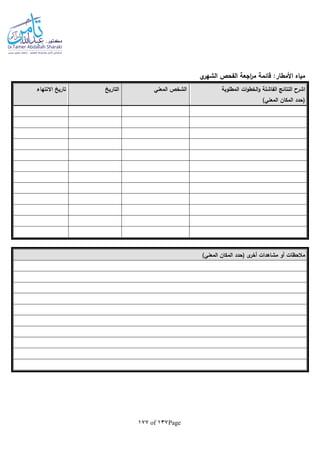Page137of177
‫ي‬‫الشهر‬ ‫الفحص‬ ‫اجعة‬‫ر‬‫م‬ ‫قائمة‬ :‫األمطار‬ ‫مياه‬
‫ا‬‫المطلوبة‬ ‫ات‬‫و‬‫الخط‬‫و‬ ‫الفاشلة‬ ‫النتائج‬ ‫شرح‬
)‫المعني‬ ‫المكان‬ ‫(حدد‬
‫المعني‬ ‫الشخص‬‫التاريخ‬‫االنتهاء‬ ‫تاريخ‬
)‫المعني‬ ‫المكان‬ ‫(حدد‬ ‫ى‬‫أخر‬ ‫مشاهدات‬ ‫أو‬ ‫مالحظات‬
 