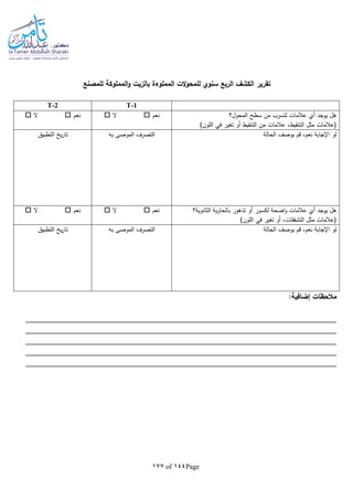 Page144of177
‫بالزيت‬ ‫المملوءة‬ ‫الت‬‫و‬‫للمح‬ ‫سنوي‬ ‫الربع‬ ‫الكشف‬ ‫تقرير‬‫للمصنع‬ ‫المملوكة‬‫و‬
T-1T-2
‫المحول؟‬ ‫سطح‬ ‫من‬ ‫لتسرب‬ ‫عالمات‬ ‫أي‬ ‫يوجد‬ ‫هل‬
)‫اللون‬ ‫في‬ ‫تغير‬ ‫أو‬ ‫التنقيط‬ ‫من‬ ‫عالمات‬ ،‫التنقيط‬ ‫مثل‬ ‫(عالمات‬
‫نعم‬‫ال‬‫نعم‬‫ال‬
‫الحالة‬ ‫بوصف‬ ‫قم‬ ،‫نعم‬ ‫اإلجابة‬ ‫لو‬‫با‬ ‫الموصى‬ ‫التصرف‬‫التطبيق‬ ‫ي‬‫ر‬‫تا‬
‫لكسور‬ ‫اضحة‬‫و‬ ‫عالمات‬ ‫أي‬ ‫يوجد‬ ‫هل‬‫الثانوية؟‬ ‫بالحاوية‬ ‫تدهور‬ ‫أو‬
)‫اللون‬ ‫في‬ ‫تغير‬ ‫أو‬ ،‫التشققات‬ ‫مثل‬ ‫(عالمات‬
‫نعم‬‫ال‬‫نعم‬‫ال‬
‫الحالة‬ ‫بوصف‬ ‫قم‬ ،‫نعم‬ ‫اإلجابة‬ ‫لو‬‫با‬ ‫الموصى‬ ‫التصرف‬‫التطبيق‬ ‫ي‬‫ر‬‫تا‬
:‫إضافية‬ ‫مالحظات‬
 
