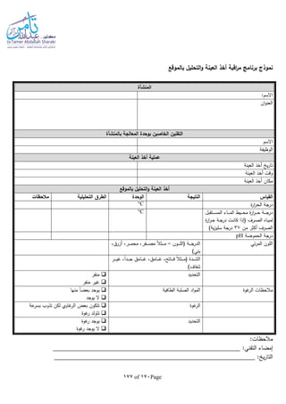 Page170of177
‫ا‬ ‫أخذ‬ ‫اقبة‬‫ر‬‫م‬ ‫برنامج‬ ‫نموذج‬‫بالموقع‬ ‫التحليل‬‫و‬ ‫لعينة‬
‫المنشأة‬
:‫االسم‬
‫ان‬‫و‬‫العن‬
‫ب‬ ‫المعالجة‬ ‫بوحدة‬ ‫الخاصين‬ ‫التقنين‬‫المنشأة‬
‫االسم‬
‫الوظيفة‬
‫العينة‬ ‫أخذ‬ ‫عملية‬
‫العينة‬ ‫أخذ‬ ‫ي‬‫ر‬‫تا‬
‫العينة‬ ‫أخذ‬ ‫وقت‬
‫العينة‬ ‫أخذ‬ ‫مكان‬
‫بالموقع‬ ‫التحليل‬‫و‬ ‫العينة‬ ‫أخذ‬
‫القياس‬‫النتيجة‬‫الوحدة‬‫التحلي‬ ‫الطرق‬‫لية‬‫مالحظات‬
‫ة‬‫ر‬‫ا‬‫ر‬‫الح‬ ‫درجة‬C
‫ـتقبل‬‫ـ‬‫ـ‬‫ـ‬‫ـ‬‫س‬‫الم‬ ‫ـاء‬‫ـ‬‫ـ‬‫ـ‬‫ـ‬‫م‬‫ال‬ ‫ـيط‬‫ـ‬‫ـ‬‫ـ‬‫ـ‬‫ح‬‫م‬ ‫ة‬‫ر‬‫ا‬‫ر‬‫ـ‬‫ـ‬‫ـ‬‫ـ‬‫ـ‬‫ح‬ ‫ـة‬‫ـ‬‫ـ‬‫ـ‬‫ـ‬‫ج‬‫در‬
‫ة‬‫ر‬‫ا‬‫ر‬‫ـ‬‫ـ‬‫ح‬ ‫ـة‬‫ـ‬‫ج‬‫در‬ ‫ـت‬‫ـ‬‫ن‬‫كا‬ ‫(إذا‬ ‫ـرف‬‫ـ‬‫ص‬‫ال‬ ‫ـاه‬‫ـ‬‫ي‬‫لم‬
‫من‬ ‫أكثر‬ ‫الصرف‬37)‫ية‬‫ز‬‫سلي‬ ‫درجة‬
C
‫الحموضة‬ ‫درجة‬pH
‫ئي‬‫ر‬‫الم‬ ‫اللون‬‫ـون‬‫ـ‬‫ـ‬‫ـ‬‫ـ‬‫ل‬‫(ال‬ ‫ـة‬‫ـ‬‫ـ‬‫ـ‬‫ـ‬‫ج‬‫الدر‬–،‫أزرق‬ ،‫ـر‬‫ـ‬‫ـ‬‫ـ‬‫ـ‬‫م‬‫مح‬ ،‫ـفر‬‫ـ‬‫ـ‬‫ـ‬‫ـ‬‫ص‬‫م‬ ‫ا‬‫ال‬‫ـث‬‫ـ‬‫ـ‬‫ـ‬‫ـ‬‫م‬
)‫بني‬
،‫ا‬‫ا‬‫ـد‬‫ـ‬‫ـ‬‫ـ‬‫ـ‬‫ج‬ ‫ـامق‬‫ـ‬‫ـ‬‫ـ‬‫ـ‬‫غ‬ ،‫ـامق‬‫ـ‬‫ـ‬‫ـ‬‫ـ‬‫غ‬ ،‫ـاتح‬‫ـ‬‫ـ‬‫ـ‬‫ـ‬‫ف‬ ‫ا‬‫ال‬‫ـث‬‫ـ‬‫ـ‬‫ـ‬‫ـ‬‫م‬( ‫ـدة‬‫ـ‬‫ـ‬‫ـ‬‫ـ‬‫ش‬‫ال‬‫ـر‬‫ـ‬‫ـ‬‫ـ‬‫ـ‬‫ي‬‫غ‬
)‫شفاف‬
‫التحديد‬‫منفر‬
‫منفر‬ ‫غير‬
‫غوة‬‫الر‬ ‫مالحظات‬‫الطافية‬ ‫الصلبة‬ ‫اد‬‫و‬‫الم‬‫منها‬ ‫ا‬‫ا‬‫بعض‬ ‫يوجد‬
‫يوجد‬ ‫ال‬
‫غوة‬‫الر‬‫عة‬‫بسر‬ ‫تذوب‬ ‫لكن‬ ‫غاوي‬‫الر‬ ‫بعض‬ ‫تتكون‬
‫غوة‬‫ر‬ ‫تتولد‬
‫التحديد‬‫غوة‬‫ر‬ ‫يوجد‬
‫غوة‬‫ر‬ ‫يوجد‬ ‫ال‬
:‫مالحظات‬
:‫التقني‬ ‫إمضاء‬
: ‫ي‬‫ر‬‫التا‬
 