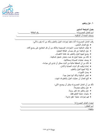 Page71of177
6‫وتعليم‬ ‫عزل‬ .
‫السنوي‬ ‫اجعة‬‫ر‬‫الم‬ ‫جدول‬
:‫لا‬ ‫ح‬‫المصر‬ ‫العامل‬ ‫اسم‬‫البطاقة‬ ‫قم‬‫ر‬.
‫الماكينة‬ ‫أو‬ ‫المعدة‬ ‫وصنف‬.
.
:‫باآلتي‬ ‫يقوم‬ ‫أنا‬ ‫من‬ ‫وتأكد‬ ‫التعليم‬‫و‬ ‫العزل‬ ‫اءات‬‫ر‬‫إج‬ ‫تنفيذ‬ ‫أثناء‬ ‫لا‬ ‫ح‬‫المصر‬ ‫العامل‬ ‫اقب‬‫ر‬
.‫المعنين‬ ‫العمال‬ ‫بلغ‬
‫الماكينة‬ ‫إيقاف‬‫التأك‬‫و‬ ‫الصحيحة‬ ‫اءات‬‫ر‬‫اإلج‬ ‫حسب‬‫وضع‬ ‫على‬ ‫المفاتيح‬ ‫كل‬ ‫أن‬ ‫من‬ ‫د‬off.
.‫ة‬‫ر‬‫الخط‬ ‫الطاقة‬ ‫مصادر‬ ‫كل‬ ‫عن‬ ‫الماكينة‬ ‫عزل‬
‫ة‬‫ز‬‫أجه‬ ‫وضع‬.‫االنفصال‬ ‫نقاط‬ ‫عند‬ ‫التعليم‬‫و‬ ‫العزل‬
‫العزل‬ ‫عملية‬ ‫من‬ ‫تأكد‬.‫الماكينة‬ ‫تشغيل‬ ‫باختبار‬ ‫تمت‬ ‫قد‬
.‫ومحاكاتها‬ ‫الصيانة‬ ‫عمليات‬ ‫وصف‬
‫ت‬ ‫أن‬ ‫ممكن‬ ‫أشياء‬ ‫من‬ ‫خالية‬ ‫المنطقة‬ ‫أن‬ ‫من‬ ‫تأكد‬.‫ادث‬‫و‬‫ح‬ ‫إلى‬ ‫ؤدي‬
.‫األمان‬‫و‬ ‫الحماية‬ ‫ات‬‫و‬‫أد‬ ‫كل‬ ‫تركيب‬ ‫إعادة‬
.‫التعليم‬‫و‬ ‫العزل‬ ‫ة‬‫ز‬‫أجه‬ ‫الة‬‫ز‬‫إ‬
.‫باء‬‫ر‬‫الكه‬ ‫وصل‬
.‫ا‬‫ا‬‫جيد‬ ‫تعمل‬ ‫أنها‬ ‫وتأكد‬ ‫الماكينة‬ ‫اختبر‬
‫العمال‬ ‫أبلغ‬.‫انتهت‬ ‫قد‬ ‫التعليم‬‫و‬ ‫العزل‬ ‫عمليات‬ ‫أن‬
:‫اآلتي‬ ‫يوضح‬ ‫أن‬ ‫يمكن‬ ‫لا‬ ‫ح‬‫المصر‬ ‫العامل‬ ‫أن‬ ‫من‬ ‫تأكد‬
‫وتعل‬ ‫عزل‬.‫مجموعة‬ ‫يم‬
.‫وردية‬ ‫تغير‬ ‫عند‬ ‫وتعليم‬ ‫عزل‬
.‫فقط‬ ‫التعليم‬ ‫عملية‬ ‫سلبيات‬
."‫ية‬‫ر‬‫إدا‬ ‫"غلق‬ ‫عملية‬ ‫اءات‬‫ر‬‫إج‬ ‫فهم‬
:‫لا‬ ‫ح‬‫المصر‬ ‫العامل‬ ‫إمضاء‬.
‫المفتش‬ ‫اسم‬:.
‫وظيفتا‬:.
 