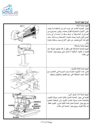 Page74of177
‫ا‬ ‫ة‬‫أجهز‬ ‫اع‬‫و‬‫أن‬‫لحماية‬
:‫ثابتة‬ ‫حماية‬ ‫ة‬‫ز‬‫أجه‬
‫ـد‬‫ـ‬‫ـ‬‫م‬‫يعت‬ ‫ال‬‫و‬ ‫ـة‬‫ـ‬‫ـ‬‫ن‬‫الماكي‬ ‫ـن‬‫ـ‬‫ـ‬‫م‬ ‫ـم‬‫ـ‬‫ـ‬‫ئ‬‫دا‬ ‫ء‬‫ـز‬‫ـ‬‫ـ‬‫ج‬ ‫ـو‬‫ـ‬‫ـ‬‫ه‬ ‫ـت‬‫ـ‬‫ـ‬‫ب‬‫الثا‬ ‫ـة‬‫ـ‬‫ـ‬‫ي‬‫الحما‬ ‫ـاز‬‫ـ‬‫ـ‬‫ه‬‫ج‬
‫ـن‬‫ـ‬‫ـ‬‫ـ‬‫م‬ ‫ع‬‫ـنو‬‫ـ‬‫ـ‬‫ـ‬‫ص‬‫م‬ ‫ـون‬‫ـ‬‫ـ‬‫ـ‬‫ك‬‫وي‬ ،‫ـا‬‫ـ‬‫ـ‬‫ـ‬‫ل‬‫بعم‬ ‫ـام‬‫ـ‬‫ـ‬‫ـ‬‫ي‬‫للق‬ ‫ـة‬‫ـ‬‫ـ‬‫ـ‬‫ك‬‫المتحر‬ ‫اء‬‫ز‬‫ـ‬‫ـ‬‫ـ‬‫ـ‬‫ج‬‫األ‬ ‫ـى‬‫ـ‬‫ـ‬‫ـ‬‫ل‬‫ع‬
‫ـاج‬‫ـ‬‫ـ‬‫ـ‬‫ص‬‫ال‬‫ـادة‬‫ـ‬‫ـ‬‫ـ‬‫م‬ ‫أي‬ ‫أو‬ ‫ـدة‬‫ـ‬‫ـ‬‫ـ‬‫م‬‫أع‬ ‫أو‬ ‫ـلك‬‫ـ‬‫ـ‬‫ـ‬‫س‬ ‫ـبك‬‫ـ‬‫ـ‬‫ـ‬‫ش‬ ‫أو‬ ‫ـتيك‬‫ـ‬‫ـ‬‫ـ‬‫س‬‫البال‬ ‫أو‬
‫ـل‬‫ـ‬‫ـ‬‫م‬‫ع‬ ‫ـاعات‬‫ـ‬‫ـ‬‫س‬‫و‬ ‫ـطدام‬‫ـ‬‫ـ‬‫ص‬‫اال‬ ‫ـل‬‫ـ‬‫ـ‬‫م‬‫تتح‬ ‫ـث‬‫ـ‬‫ـ‬‫ي‬‫بح‬ ‫ـة‬‫ـ‬‫ـ‬‫ي‬‫قو‬ ‫ـون‬‫ـ‬‫ـ‬‫ك‬‫ت‬ ‫ى‬‫ـر‬‫ـ‬‫ـ‬‫خ‬‫أ‬
‫باقي‬ ‫عن‬ ‫مفضل‬ ‫ع‬‫النو‬ ‫هذا‬ ‫ة‬‫ر‬‫كثي‬‫وكونا‬ ‫بساطتا‬ ‫بسبب‬ ‫اع‬‫و‬‫األن‬
.‫دائم‬
:‫متداخلة‬ ‫حماية‬ ‫ة‬‫ز‬‫أجه‬
‫ـد‬‫ن‬‫ع‬ ‫الحركة‬ ‫تعشيق‬ ‫فك‬ ‫أو‬ ‫بغلق‬ ‫تقوم‬ ‫المتداخلة‬ ‫الحماية‬ ‫ة‬‫ز‬‫أجه‬
‫ـة‬‫ي‬‫الحما‬ ‫ـاز‬‫ه‬‫ج‬ ‫ـع‬‫ج‬‫ير‬ ‫ـى‬‫ت‬‫ح‬ ‫ـل‬‫م‬‫تع‬ ‫ال‬ ‫ـة‬‫ن‬‫الماكي‬ .‫ـا‬‫ه‬‫الت‬‫ز‬‫إ‬ ‫أو‬ ‫فتحها‬
.‫مكانا‬ ‫إلى‬
:‫للتعديل‬ ‫قابلة‬ ‫حماية‬ ‫ة‬‫ز‬‫أجه‬
‫ا‬ ‫ـي‬‫ـ‬‫ـ‬‫ـ‬‫ف‬ ‫ـة‬‫ـ‬‫ـ‬‫ـ‬‫ن‬‫المرو‬ ‫ـبب‬‫ـ‬‫ـ‬‫س‬‫ب‬ ‫ـة‬‫ـ‬‫ـ‬‫ـ‬‫ي‬‫عمل‬ ‫ة‬‫ز‬‫ـ‬‫ـ‬‫ـ‬‫ـ‬‫ه‬‫األج‬ ‫ـذه‬‫ـ‬‫ـ‬‫ـ‬‫ه‬ ‫ـون‬‫ـ‬‫ـ‬‫ك‬‫ت‬‫ـع‬‫ـ‬‫ـ‬‫ـ‬‫م‬ ‫ـل‬‫ـ‬‫ـ‬‫ـ‬‫م‬‫لتعا‬
.‫وصقلها‬ ‫وتشكيلها‬ ‫قطعها‬ ‫سيتم‬ ‫التي‬ ‫المختلفة‬ ‫اد‬‫و‬‫الم‬ ‫أشكال‬
:‫ذاتي‬ ‫تعديل‬ ‫ذات‬ ‫حماية‬ ‫ة‬‫ز‬‫أجه‬
‫ـرف‬‫ظ‬‫ال‬ ‫ـة‬‫ك‬‫بحر‬ ‫ـدد‬‫ح‬‫تت‬ ‫ا‬‫ا‬‫ـ‬‫ي‬‫تلقائ‬ ‫ـدل‬‫ع‬‫الم‬ ‫الحماية‬ ‫جهاز‬ ‫في‬ ‫الفتحة‬
(stock)‫ة‬‫ر‬‫ـ‬‫ـ‬‫ـ‬‫ط‬‫الخ‬ ‫ـة‬‫ـ‬‫ـ‬‫ق‬‫المنط‬ ‫ـى‬‫ـ‬‫ـ‬‫ل‬‫إ‬ ‫ـرف‬‫ـ‬‫ـ‬‫ظ‬‫ال‬ ‫ـل‬‫ـ‬‫ـ‬‫م‬‫العا‬ ‫ـرك‬‫ـ‬‫ـ‬‫ح‬‫ي‬ ‫ـدما‬‫ـ‬‫ـ‬‫ن‬‫ع‬
‫ف‬ ‫ـرف‬‫ظ‬‫ال‬ ‫ـرور‬‫م‬‫ل‬ ‫ـة‬‫ي‬‫كاف‬ ‫ـة‬‫ح‬‫فت‬ ‫ـل‬‫م‬‫لع‬ ‫الحماية‬ ‫جهاز‬ ‫فع‬‫ر‬ ‫يتم‬.‫ـط‬‫ق‬
.‫مكانا‬ ‫إلى‬ ‫الحماية‬ ‫جهاز‬ ‫يرجع‬ ‫لظرف‬ ‫الة‬‫ز‬‫إ‬ ‫بعد‬
 