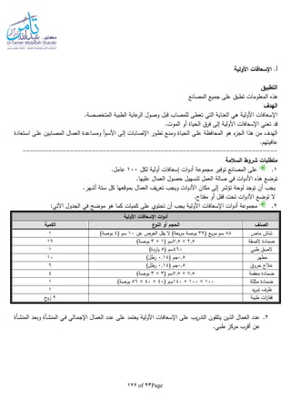 Page93of177
‫األولية‬ ‫اإلسعافات‬ .‫أ‬
‫التطبيق‬
‫المصانع‬ ‫جميع‬ ‫على‬ ‫تطبق‬ ‫المعلومات‬ ‫هذه‬
‫الهدف‬
.‫المتخصصة‬ ‫الطبية‬ ‫عاية‬‫الر‬ ‫وصول‬ ‫قبل‬ ‫للمصاب‬ ‫تعطى‬ ‫التي‬ ‫العناية‬ ‫هي‬ ‫األولية‬ ‫اإلسعافات‬
‫فرق‬ ‫إلى‬ ‫األولية‬ ‫اإلسعافات‬ ‫تعني‬ ‫قد‬.‫الموت‬ ‫أو‬ ‫الحياة‬
‫ـتعادة‬‫س‬‫ا‬ ‫ـى‬‫ل‬‫ع‬ ‫ـابين‬‫ص‬‫الم‬ ‫ـال‬‫م‬‫الع‬ ‫ـاعدة‬‫س‬‫وم‬ ‫أ‬‫و‬‫ـ‬‫س‬‫األ‬ ‫ـى‬‫ل‬‫إ‬ ‫ـابات‬‫ص‬‫اإل‬ ‫ـور‬‫ط‬‫ت‬ ‫ـع‬‫ن‬‫وم‬ ‫ـاة‬‫ي‬‫الح‬ ‫ـى‬‫ل‬‫ع‬ ‫المحافظة‬ ‫هو‬ ‫ء‬‫الجز‬ ‫هذا‬ ‫من‬ ‫الهدف‬
.‫عافيتهم‬
----------------------------------------------------------------------
‫السالمة‬ ‫شروط‬ ‫متطلبات‬
1.‫مجموع‬ ‫توفير‬ ‫المصانع‬ ‫على‬‫لكل‬ ‫أولية‬ ‫إسعافات‬ ‫ات‬‫و‬‫أد‬ ‫ة‬100.‫عامل‬
.‫عليها‬ ‫العمال‬ ‫حصول‬ ‫لتسهيل‬ ‫العمل‬ ‫صالة‬ ‫في‬ ‫ات‬‫و‬‫األد‬ ‫هذه‬ ‫توضع‬
.‫أشهر‬ ‫ستة‬ ‫كل‬ ‫بموقعها‬ ‫العمال‬ ‫يف‬‫ر‬‫تع‬ ‫ويجب‬ ‫ات‬‫و‬‫األد‬ ‫مكان‬ ‫إلى‬ ‫تؤشر‬ ‫لوحة‬ ‫توجد‬ ‫أن‬ ‫يجب‬
.‫مفتاح‬ ‫أو‬ ‫قفل‬ ‫تحت‬ ‫ات‬‫و‬‫األد‬ ‫توضع‬ ‫ال‬
2.‫تحتو‬ ‫أن‬ ‫يجب‬ ‫األولية‬ ‫اإلسعافات‬ ‫ات‬‫و‬‫أد‬ ‫مجموعة‬:‫اآلتي‬ ‫الجدول‬ ‫في‬ ‫موضح‬ ‫هو‬ ‫كما‬ ‫كميات‬ ‫على‬ ‫ي‬
‫األولية‬ ‫اإلسعافات‬ ‫ات‬‫و‬‫أد‬
‫الصنف‬‫ع‬‫النو‬ ‫أو‬ ‫الحجم‬‫الكمية‬
‫ماص‬ ‫شاش‬84( ‫بع‬‫ر‬‫م‬ ‫سم‬32‫عن‬ ‫العرض‬ ‫يقل‬ ‫ال‬ )‫بعة‬‫ر‬‫م‬ ‫بوصة‬10( ‫سم‬4)‫بوصة‬1
‫الصقة‬ ‫ضمادة‬2.5×7.5( ‫سم‬1×3)‫بوصة‬16
‫طبي‬ ‫الصق‬460( ‫سم‬5)‫ياردة‬1
‫مطهر‬0.5( ‫جم‬0.14)‫رطل‬10
‫حروق‬ ‫عالج‬0.5( ‫جم‬0.14)‫رطل‬6
‫معقمة‬ ‫ضمادة‬7.5×7.5( ‫سم‬3×3)‫بوصة‬4
‫مثلثة‬ ‫ضمادة‬100×100×140( ‫سم‬40×40×56)‫بوصة‬1
‫يد‬‫ر‬‫تب‬ ‫ظرف‬1
‫طبية‬ ‫ات‬‫ز‬‫قفا‬2‫ج‬‫زو‬
2.‫ـي‬‫ف‬ ‫ـالي‬‫م‬‫اإلج‬ ‫ـال‬‫م‬‫الع‬ ‫عدد‬ ‫على‬ ‫يعتمد‬ ‫األولية‬ ‫اإلسعافات‬ ‫على‬ ‫يب‬‫ر‬‫التد‬ ‫يتلقون‬ ‫الذين‬ ‫العمال‬ ‫عدد‬‫ـأة‬‫ش‬‫المن‬‫ـد‬‫ع‬‫وب‬‫ـأة‬‫ش‬‫المن‬
.‫طبي‬ ‫مركز‬ ‫أقرب‬ ‫عن‬
 